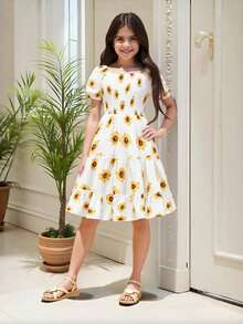 Tween Girl Floral Print Shirred Puff Sleeve Ruffle Hem Dress,Holiday,Summer,Travel - White - View 1