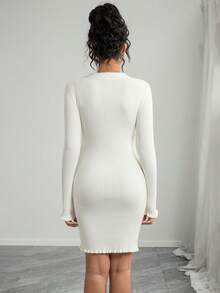 Momance Rochie mini tricotată pentru femei, croială slim, cu guler solid, design cu nasturi și perle, mânecă lungă, pulover pentru maternitate