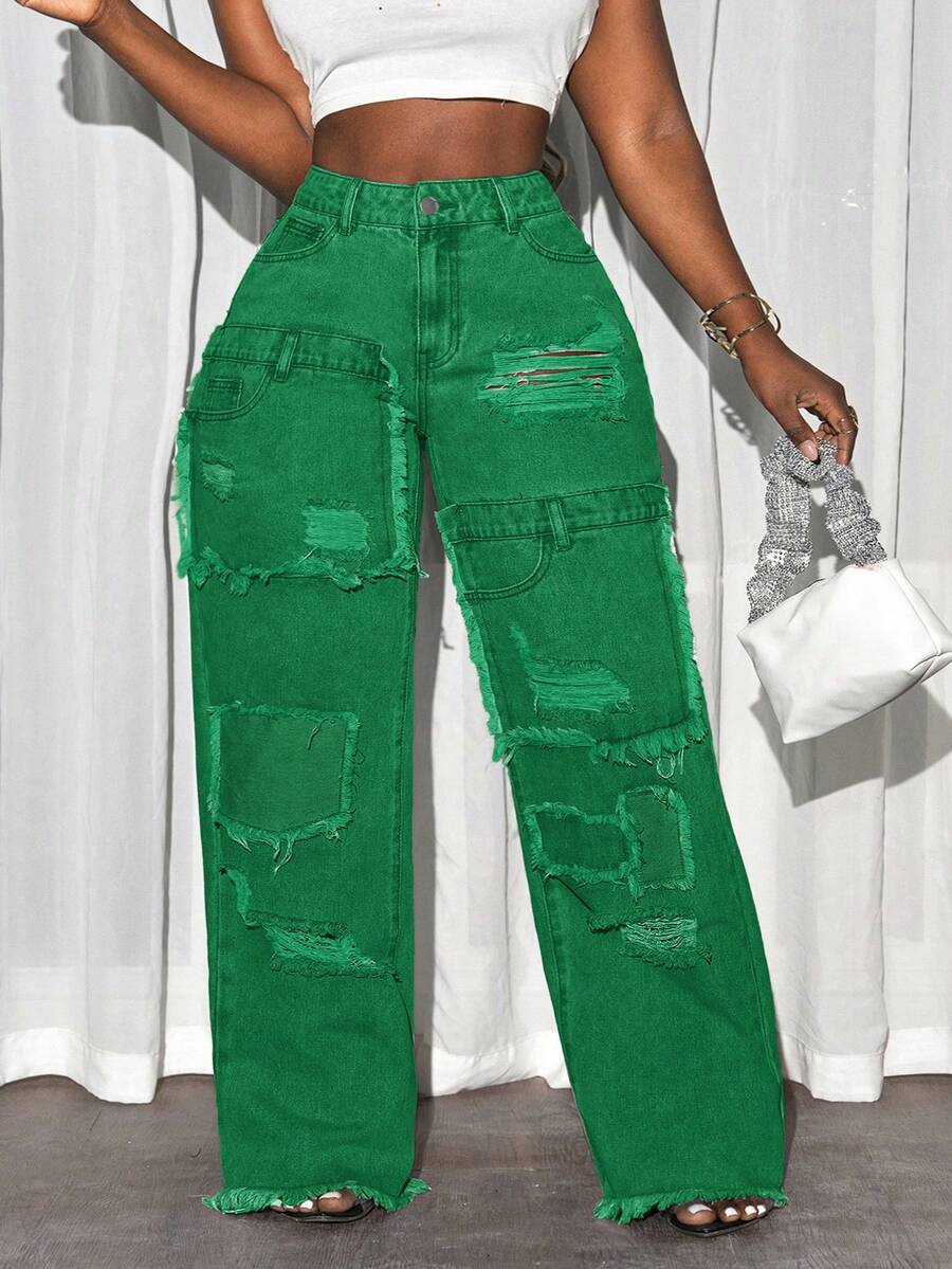 SHEIN Tall CURVE 大码时尚水洗做旧高腰牛仔裤 - 綠色 - 查看 1