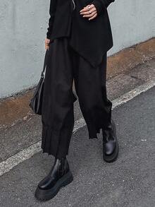 FRIFUL 女式纯黑色百褶下摆宽松休闲裤，适合秋季穿着 - 黑色 - 查看 4