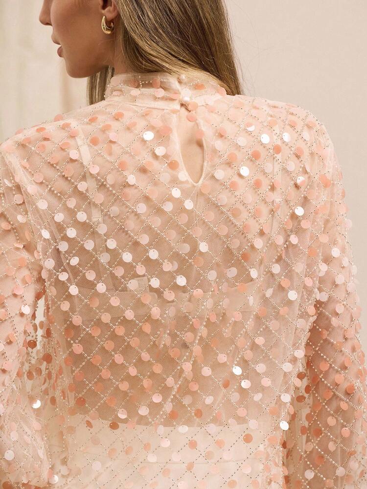 Sheer Sequin Embellished High Neck Long Sleeve Top Party Top Sequin Top Pink Top Evening Chic Spring Summer Premium Top Party Top See Through Top Shiny Top Sparky New Year Party French Style Parisian Style