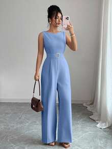 Rafferiza French Romantic One-Shoulder Sleeveless High Waist Belt Smooth Fabric Metal Buckle Decoration Wide Leg Straight Women Jumpsuit Women Summer Clothing Women Office Clothing Outing Clothing