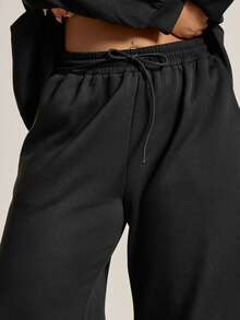 MUSERA Plus Wide Leg Tie Elasticated Waist Jogger Tracksuit Bottoms , , Winter, Cool Girl, Cosy, Everyday - Black - View 5