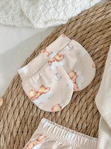 Loomiva Newborn Baby 5-Piece Set: Cartoon Bear Print Knit Soft Crew Neck Romper, Elastic Waist Pants, Bib, Mittens, And Hat