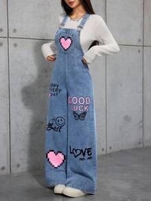 Teen Girl Y2K New Floral Heart Rainbow Graffiti Cute Print Fashion Casual Soft Denim Overall Jumpsuit Without Tee,Girls Baggy Straight Leg Jeans Overalls,Gilrs Fall Autumn Winter Clothes,Back To School Homecoming Streetwear Outfits, Girl Y2k Outfit, Girls Cute Set, 90s Girls Outfit, Cutesy Clothes - Medium Wash - View 3