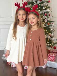 SHEIN Setelan Baju Sweater Putih Kasual Bergaris Leher Bulat Warna Polos 2 Potong untuk Anak Perempuan, Pakaian Seragam Keluarga untuk Liburan Natal Musim Gugur dan Musim Dingin - MultiWarna - View 8