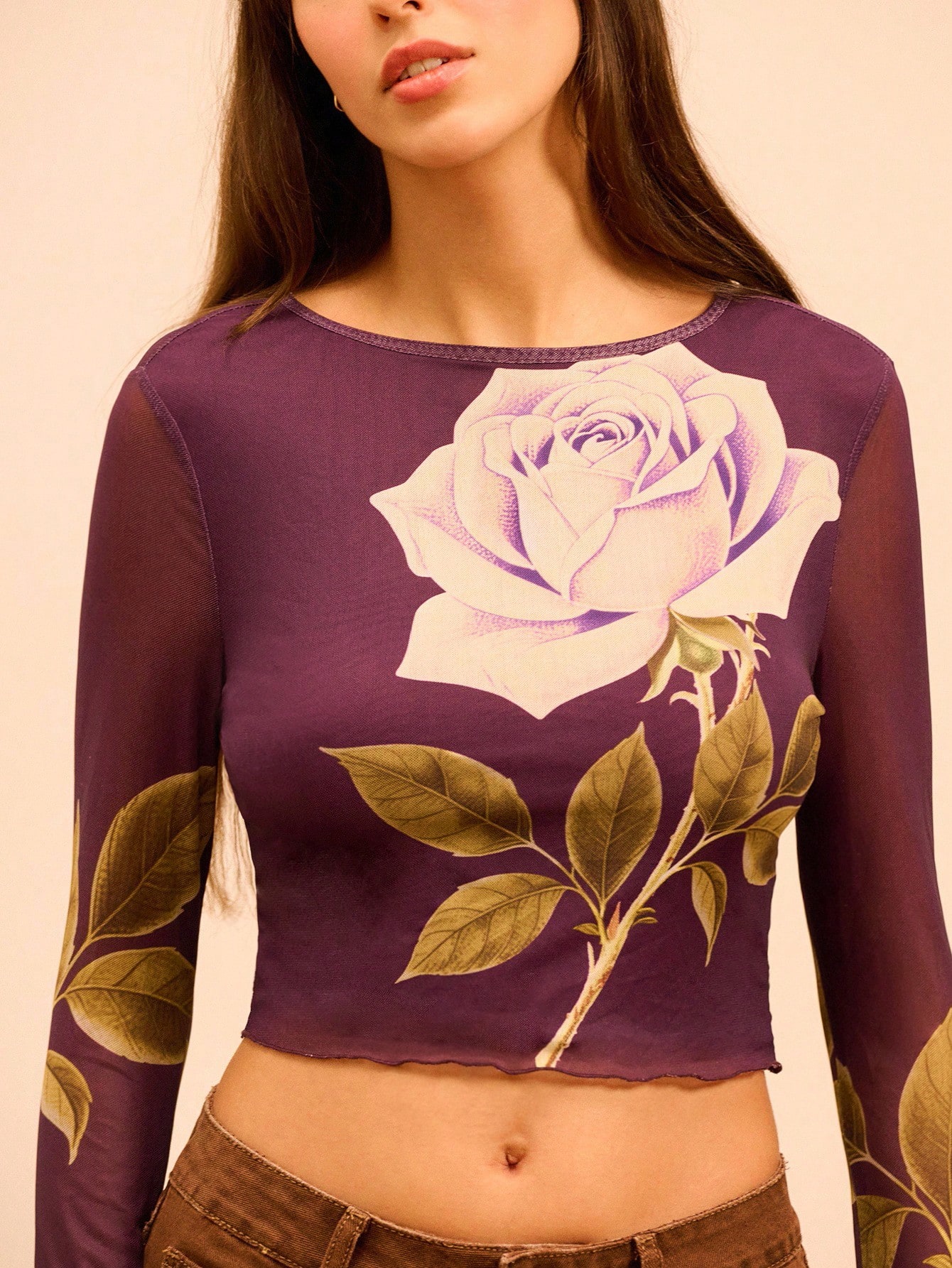 Top à manches longues en maille noire transparente avec grand imprimé rose, automne-hiver