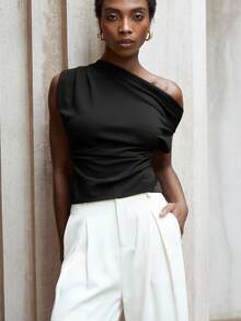 Aveloria Modichic Business Casual Asymmetrical Neck Design Ruched Gathered Cuff Fitted Women Shirt Top - Black - View 5