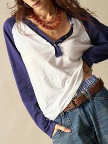 Bohemela Women's Casual Knit Color Block Half-Zip T-Shirt