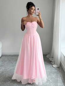 SHEIN Elenzya 优雅的粉色套装，包括带骨抹胸上衣 + 喇叭网裙，适合舞会、情人节约会、万圣节、圣诞派对、新年庆祝活动和日常通勤等正式场合，秋季 - 粉色 - 查看 7