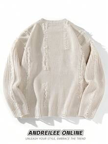 Chillumni Solid Color Casual Crew Neck Sweater For Men, Suitable For Everyday Wear Men Knit Sweater Frayed Knit Sweater Distressed Sweater Waffle Knit Sweater Knitwear Back To School Long Sleeve Knit Sweater Distressed Sweater Men Streetwear Men Cream Sweater , Fall Winter