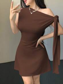 Celisse 女式不对称系带腰短连衣裙 - 棕色 - 查看 8