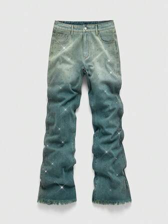 Grunge Punk Jeans casuales de hombre con decoración de piedras de colores degradados, estilo grunge