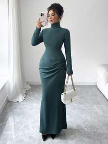 SHEIN Elenzya 女式纯色高领长袖 T 恤和褶皱美人鱼下摆半身裙两件套，优雅合身 - 墨綠色 - 查看 1