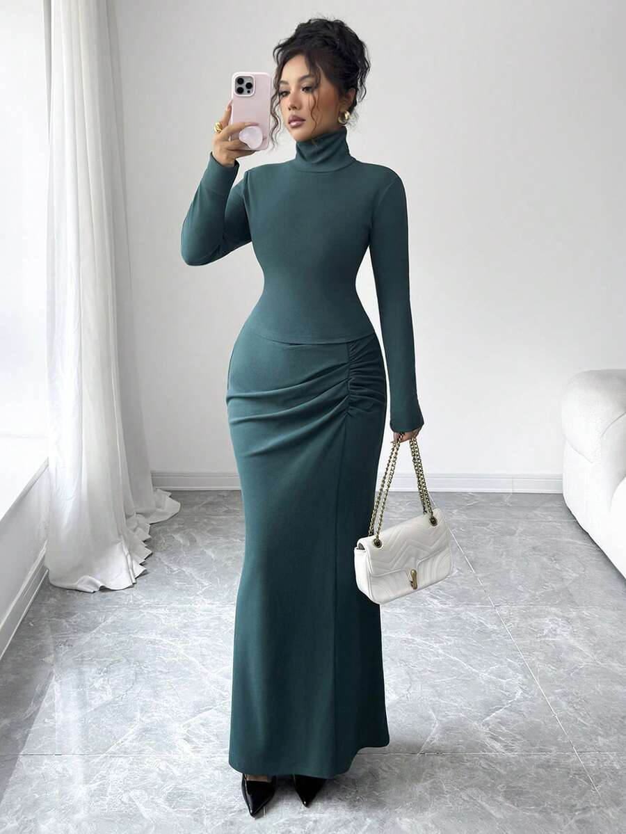 SHEIN Elenzya 女式纯色高领长袖 T 恤和褶皱美人鱼下摆半身裙两件套，优雅合身 - 墨綠色 - 查看 1