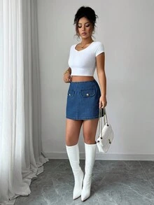 Siren Gaze Damen Hoher Bund Faux Tasche Design Gerade Jeans Rock - Mittele Waschung - Übersicht 6