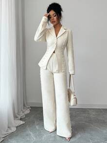 SHEIN Elenzya Bộ 2 món áo khoác blazer và quần đính cườm thắt eo tweed thanh lịch dành cho nữ, Xuân/Thu - Màu be - Xem 4