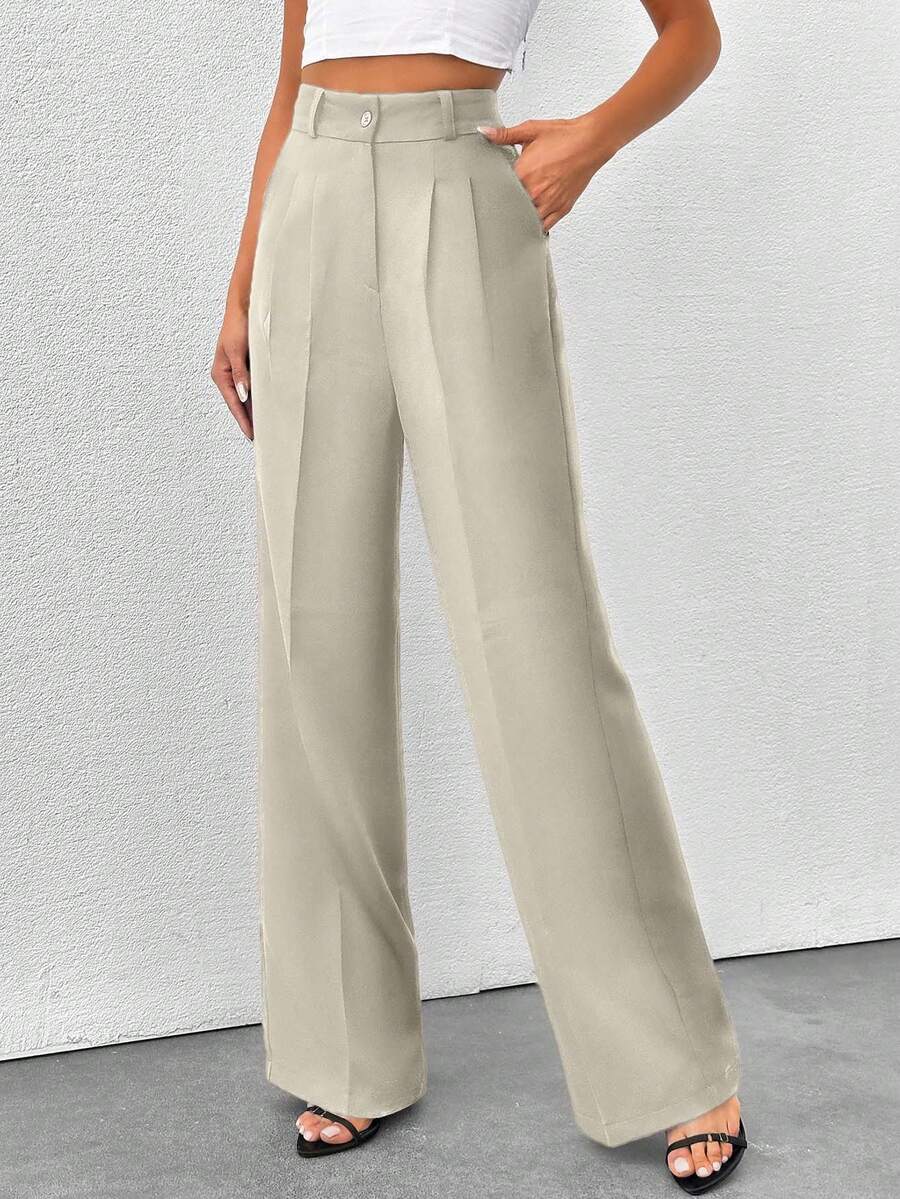 SHEIN Tall 高腰女式纯色阔腿裤 - 米色 - 查看 1