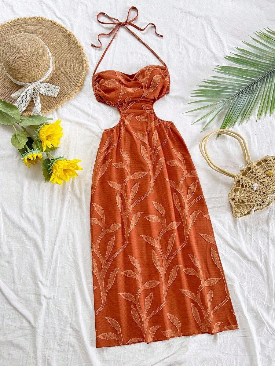 Soleia Women's Casual Cutout Backless Halter Midi Dress For Vacation - Brown - View 1