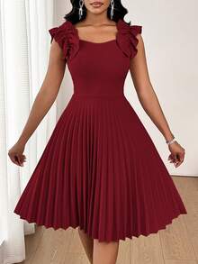 SHEIN Lady 2025 New Women's Burgundy Ruffle Hem Pleated Fashion Mini Pleated Elegant Dress Elegant Women Dress Pleated Dresses For Women Midi Dress Women Elegant Midi Dress