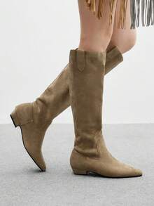 CUCCOO BIZCHIC 女士方头绒面高筒靴，时尚百搭 - 棕色 - 查看 5