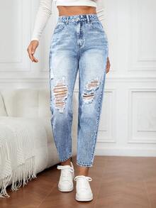 EMERY ROSE Plus Size Women High Waist Pockets Distressed Straight Leg Casual Jeans - Blue - View 5