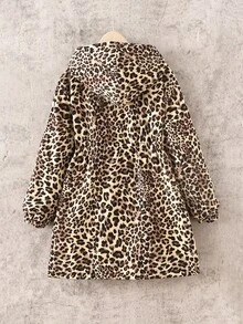 SHEIN 青少年女孩休闲连帽豹纹印花内衬束腰中长款夹克秋冬女童服装 - 軍綠色 - 查看 6