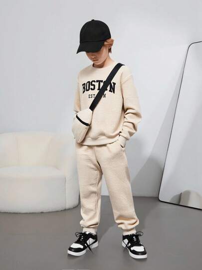 3pcs/Set Boys' Casual Graphic Print Sweatshirt, Sweatpants And Crossbody Bag, School Style Fall Winter