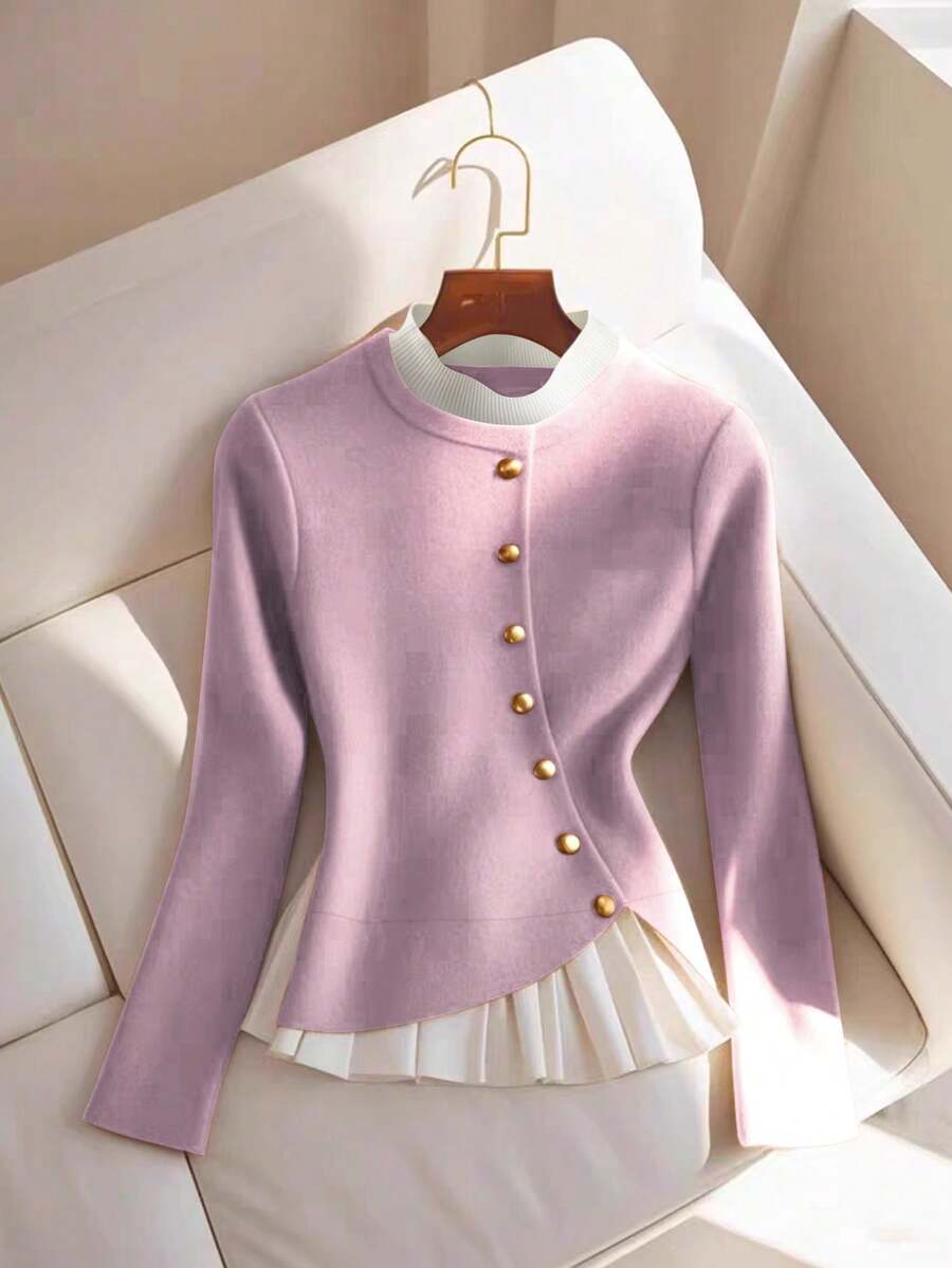 GlowEve Áo len dài tay 2 trong 1 cài khuy kim loại thời trang thu đông dành cho nữ - Màu tím - Xem 1