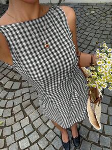 MainGRL Black & White Plaid Woven Backless Mini Dress For Women Checkered Dress Gingham Dress Houndstooth Dress Mod Dresses Open Back Summer Dress - Black - View 3