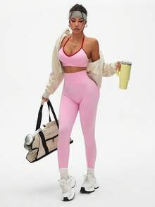 SHEIN Sovereign Charm Conjunto de sujetador deportivo sin costuras y ajustable con espalda de tirantes y mallas de yoga de talle alto para mujeres - Rosa - Ver 6