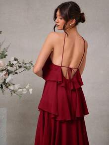 L'Amorae 优雅浪漫婚礼宾客纯色露背分层雪纺长裙 - 酒紅色 - 查看 3