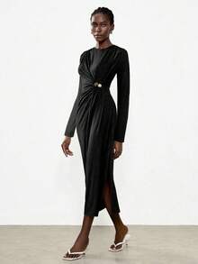 Lumivelle Women's Modern Round Neck Ruched Button Decor Waist Fitted Bodycon Side Slit Long Sleeve Dress - Black - View 6