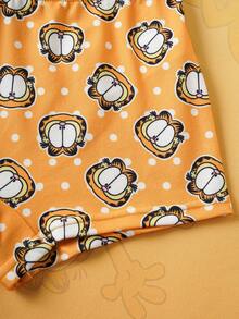 GARFIELD | SHEIN 青少年女孩猫与波尔卡圆点印花撞色生菜边吊带背心上衣和短裤套装，夏季 - 黃色 - 查看 8