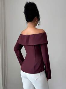 Selianne Elegancka bluzka damska z odkrytymi ramionami i rozcięciem do pracy - Brązowy - Zobacz 2