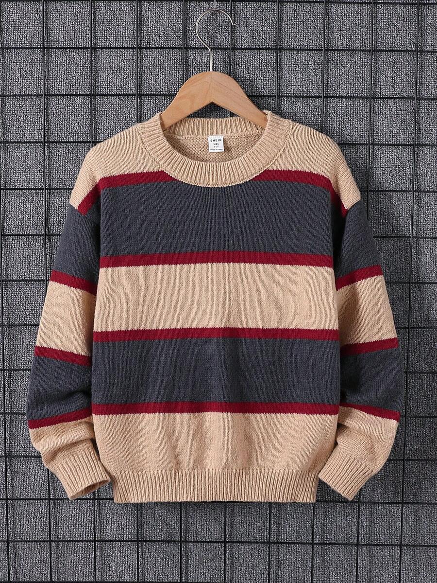 Tween Boy Striped Contrast Color Thick Casual Preppy Loose Pullover Knit Sweater,Grey,Autumn,School,Back-To-School,Soft Comfortable,Winter Kids Play - Khaki - View 1