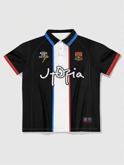 Prep Polo de manga corta para hombre con estampado de letras y parches de colores contrastantes