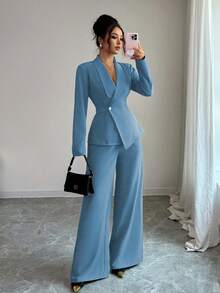 Elenzga Women's Elegant Lapel V-Neck Long Sleeve Unique Design Waist Belt Buttoned High-End Blazer Jacket And Straight Wide-Leg Pants Two Pieces Suit, Suitable For Work Commute In Autumn - Baby Blue - View 5