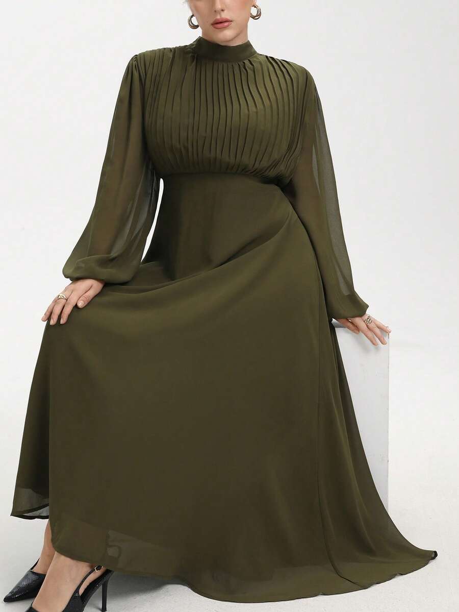 Aveloria Modichic Váy dài tay xếp ly eo trước bằng vải chiffon thanh lịch, đa năng khi đi làm, cỡ lớn - Màu xanh Ô liu - Xem 1