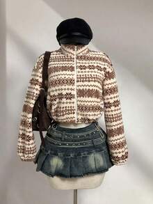 SHEIN Unity 双面羊羔绒印花立领宽松短款夹克 - 彩色 - 查看 3