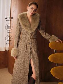 MOTF PREMIUM WOOL TWEED ELEGANT LUXURY FURRY COLLAR BELTED OVERCOAT