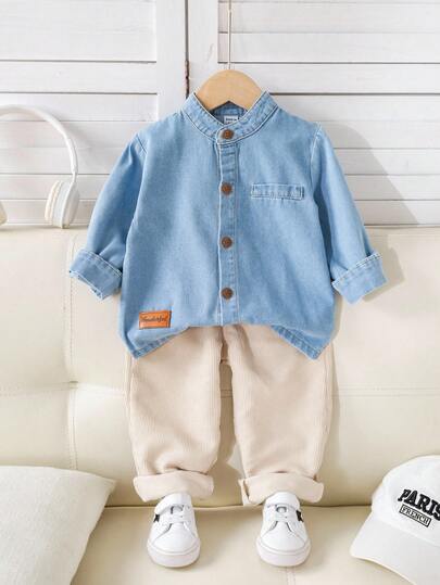 SHEIN 2 件套男婴秋冬休闲牛仔夹克、牛仔衬衫、灯芯绒裤子套装，适合生日派对、狂欢派对、晚会、表演、婚礼、满月庆祝、洗礼和 1 岁生日