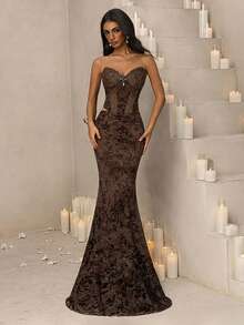 Vowa Set de 2 piezas con top elegante de color marrón chocolate con diseño de cintura con espina de pescado, cremallera trasera; pantalones rectos con bajo recto, adecuado para varias ocasiones formales y fiestas - Café integral - Ver 6