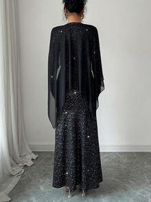 Rafferiza 优雅长款鱼尾下摆二合一AB拼接披肩针织网纱金箔针织面料秋冬黑色优雅女装优雅派对礼服女士优雅连衣裙闪亮亮片连衣裙女士亮片连衣裙时尚晚礼服黑色连衣裙女士优雅套装 - 黑色 - 查看 2