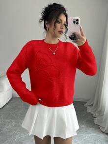 Elenzga Women's Crew Neck Floral Pattern Solid Color Pullover Sweater - Red - View 7