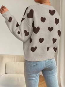 EMERY ROSE Heart Pattern Dropped Shoulder Sweater, Casual For Autumn/Winter