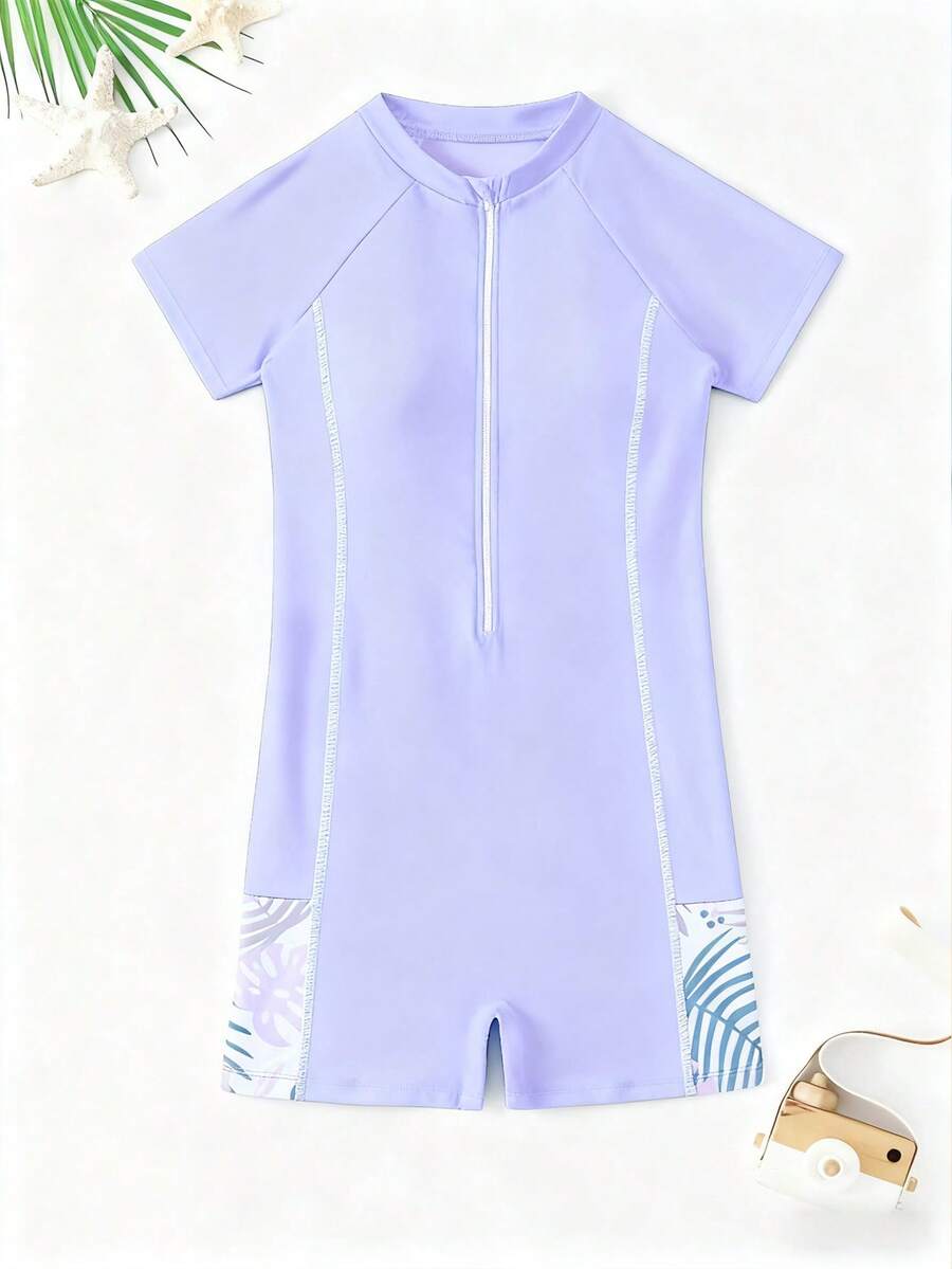 SHEIN 青少年女孩连体热带印花前拉链插肩袖泳衣，适合游泳、冲浪、潜水、沙滩运动