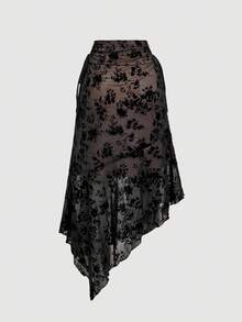 SHEIN MOD 大码复古70年代不对称中长裙，适合度假、派对、约会、生日庆祝、下午茶和节日等场合，中长裙，适合外出、圣诞节、新年等节日穿着。黑色植绒不对称下摆中长裙，大码女款，圣诞节款。 - 黑色 - 查看 3