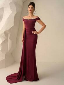 Coutiva Vestido de noche elegante y formal para mujer con hombros descubiertos y decoración de rhinestones - Burdeos - Ver 8