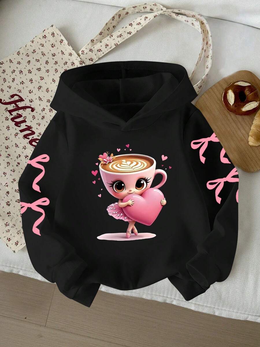 SHEIN 女童秋季休闲舒适黑色连帽卫衣,创意卡通杯子和芭蕾舞女孩图案,爱心和蝴蝶结装饰,舒适保暖,简约清新,适合秋冬季穿着。 - 彩色 - 查看 1